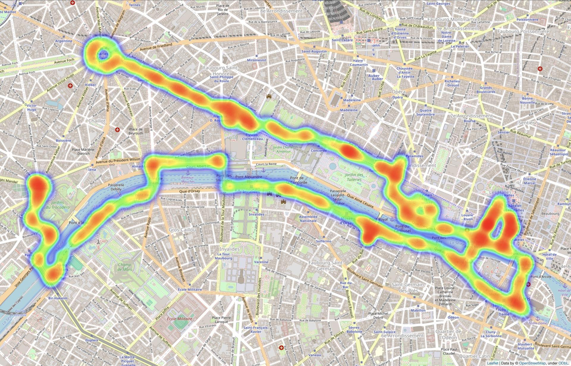 Heat map met de verdeling van zowel veilige als onveilige openbare toegangspunten in Parijs. Rood geeft een hoge concentratie van onveilige hotspots aan; groen - veilige hotspots.