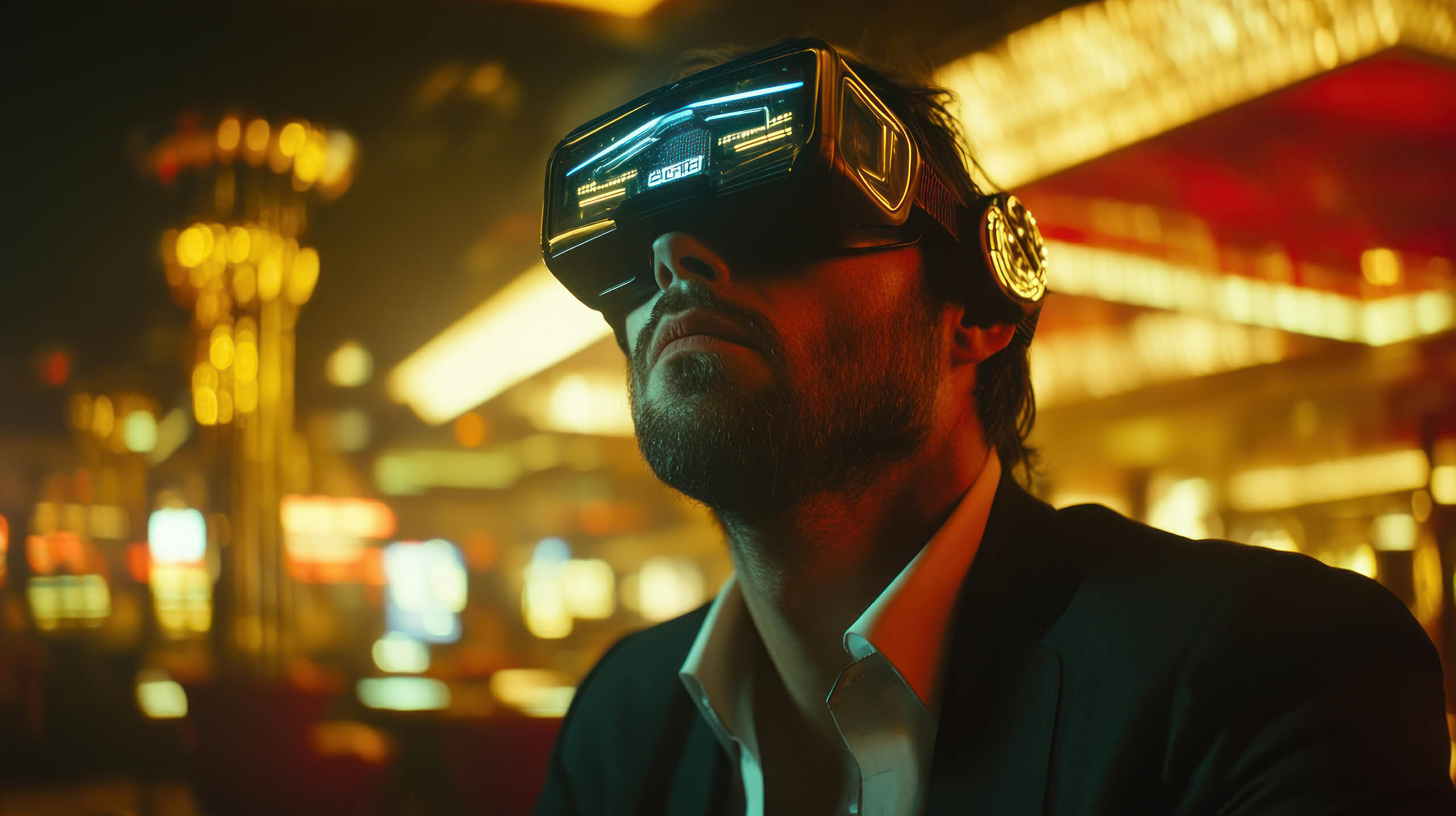 Futuristic man wearing advanced virtual reality headset in neon-