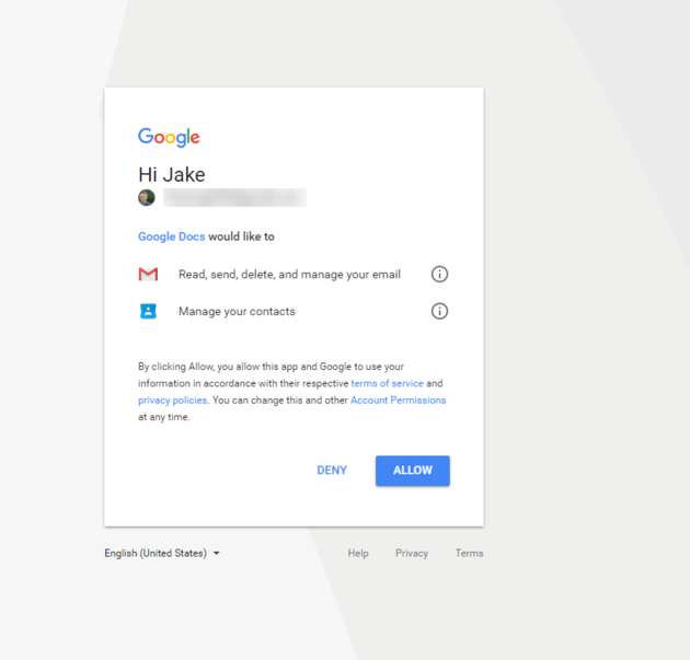 Zo ziet het er uit als `Google Docs` toegang vraagt. NIET DOEN DUS. (foto: JakeSteam\/Reddit)